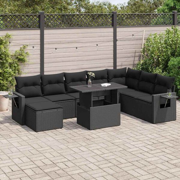 vidaXL 9 pcs conjunto de sof&aacute;s p/ jardim c/ almofad&otilde;es vime PE preto