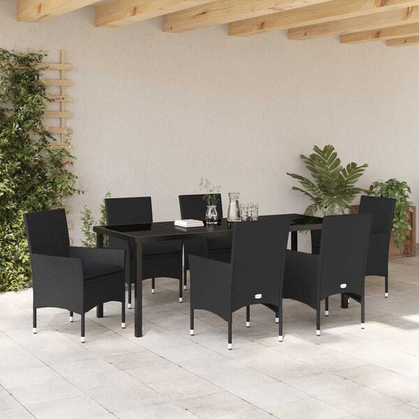 vidaXL Conjunto de Jantar para Jardim com almofada 7 pcs Preto vime PE