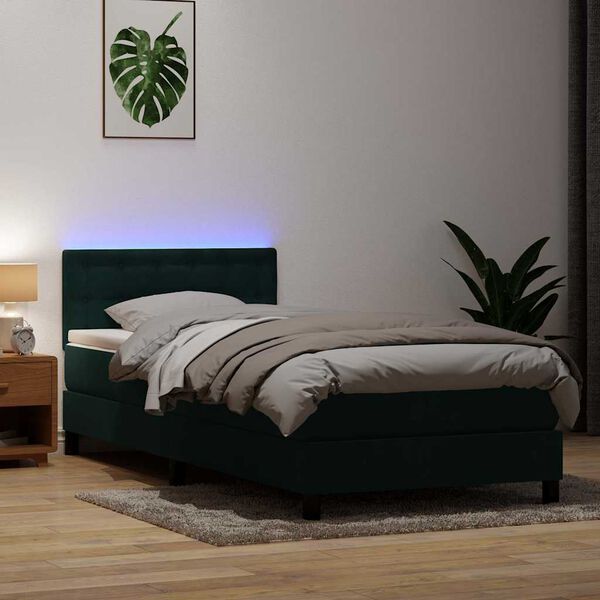 vidaXL Cama box spring c/ colch&atilde;o e LED verde-escuro 80x220 cm veludo