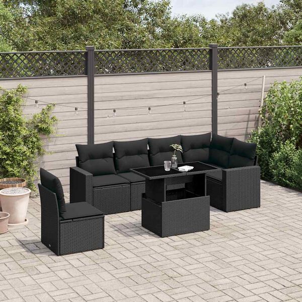 vidaXL 7 pcs conjunto de sof&aacute;s p/ jardim c/ almofad&otilde;es vime PE preto