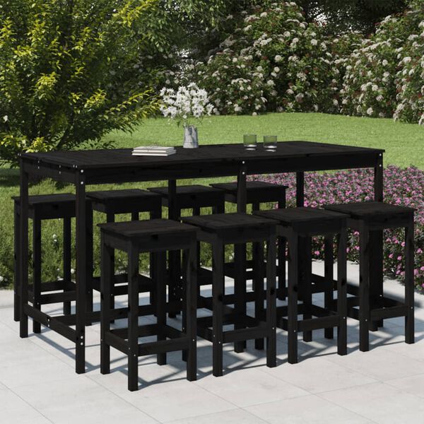 vidaXL 9 pcs conjunto de bar para jardim pinho maci&ccedil;o preto