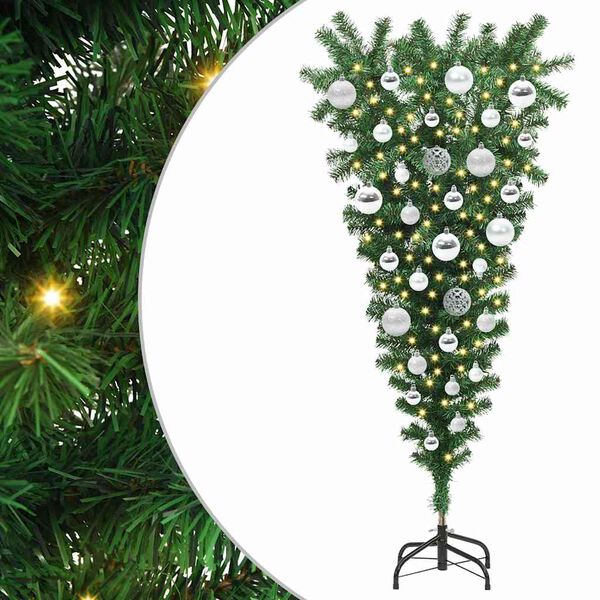vidaXL &Aacute;rvore de Natal Artificial Pr&eacute;-iluminada de Cabe&ccedil;a para Baixo com Conjunto de Bolas