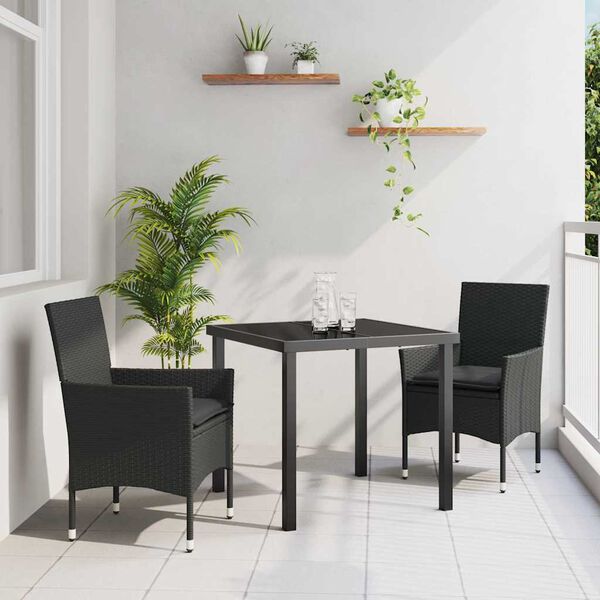 vidaXL Conjunto de Jantar para Jardim com almofada 3 pcs Preto vime PE