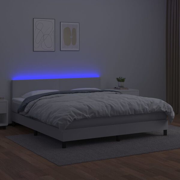 vidaXL Cama box spring c/colch&atilde;o/LED 160x200cm couro artificial branco