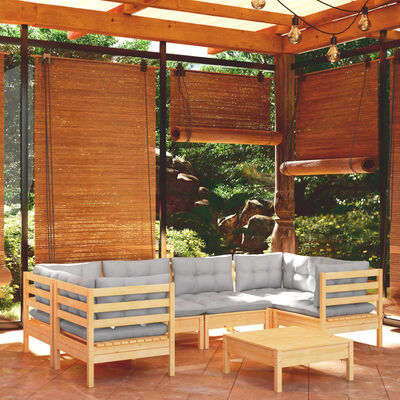 vidaXL 7 pcs conjunto lounge de jardim c/ almofadões cinzentos pinho