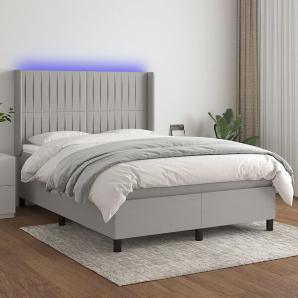 vidaXL Cama box spring c/ colch&atilde;o e LED 140x200 cm tecido cinza-claro