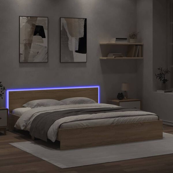 vidaXL Estrutura cama c/ cabeceira/luzes LED 180x200cm carvalho sonoma