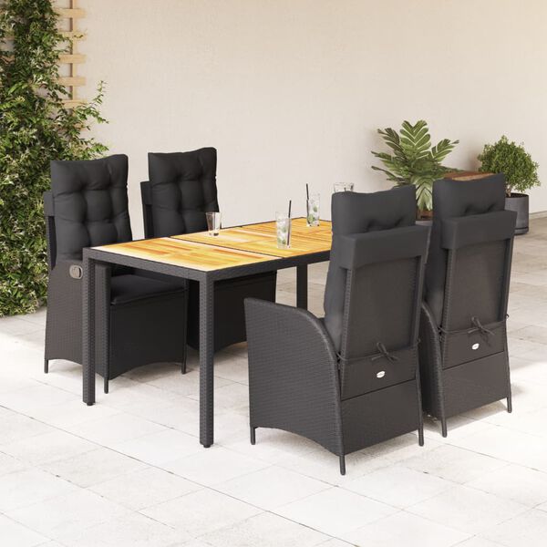 vidaXL 5 pcs conjunto de jantar p/ jardim c/ almofad&otilde;es vime PE preto