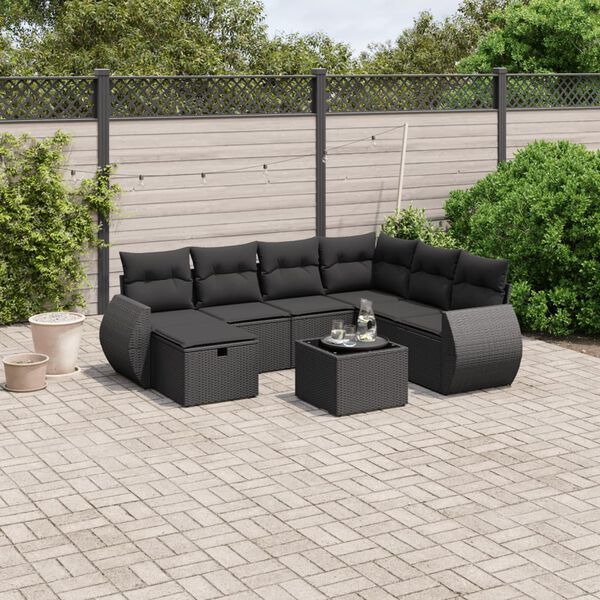 vidaXL 8 pcs conjunto sof&aacute;s de jardim com almofad&otilde;es vime PE preto
