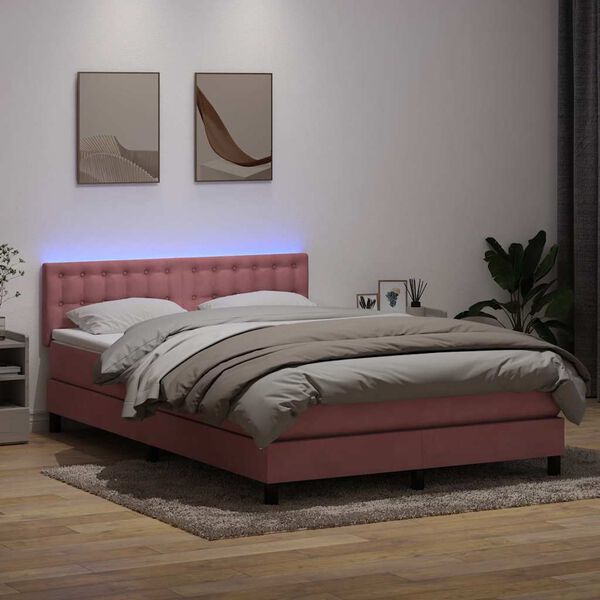 vidaXL Cama box spring c/ colch&atilde;o e LED 160x220 cm veludo rosa
