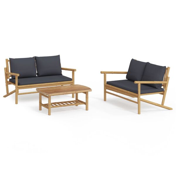 vidaXL 3pcs conj. lounge de jardim bambu c/ almofadões cinzento-escuro