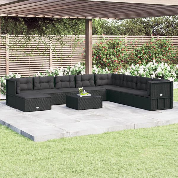 vidaXL 9 pcs conjunto lounge de jardim c/ almofad&otilde;es vime PE preto
