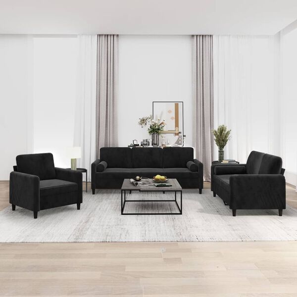 vidaXL 3 pcs conjunto sof&aacute;s c/ almofadas/almofad&otilde;es veludo preto