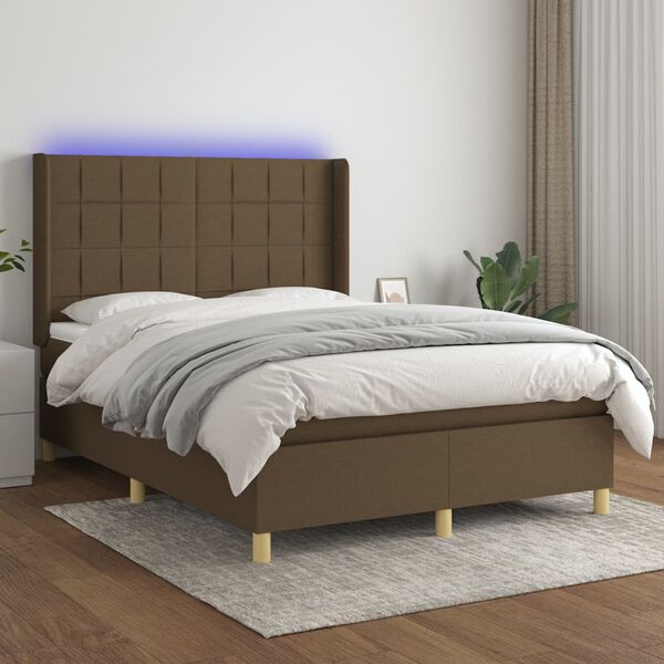 vidaXL Cama box spring c/ colch&atilde;o/LED 140x200cm tecido castanho-escuro