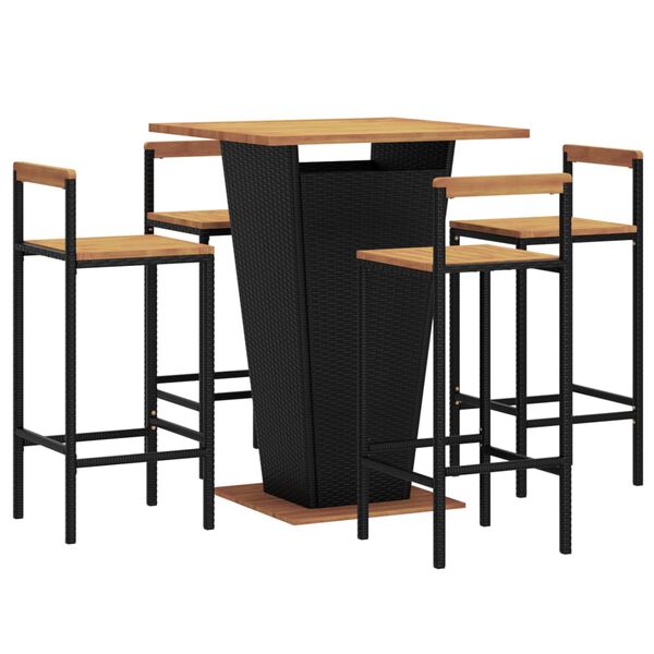 vidaXL 5 pcs conjunto de bar p/ jardim vime PE/ac&aacute;cia maci&ccedil;a preto