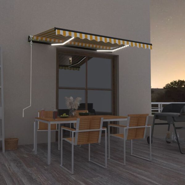 vidaXL Toldo autom. c/ LED e sensor de vento 350x250 cm amarelo/branco