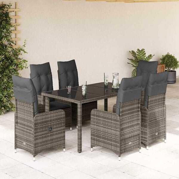 vidaXL 7 pcs conjunto bistr&ocirc; de jardim c/ almofad&otilde;es vime PE cinza