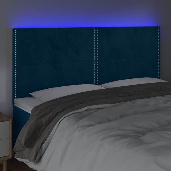 vidaXL Cabeceira cama c/ luzes LED veludo 160x5x118/128cm azul-escuro