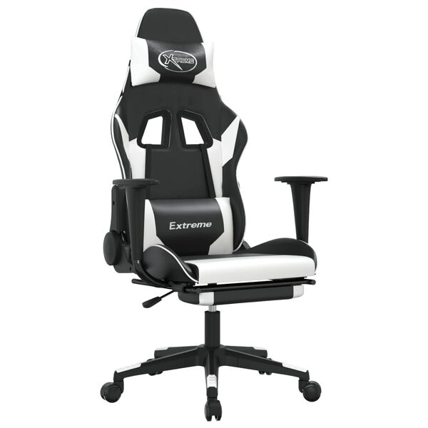 vidaXL Cadeira gaming massagens c/ apoio p&eacute;s couro artif. preto/branco