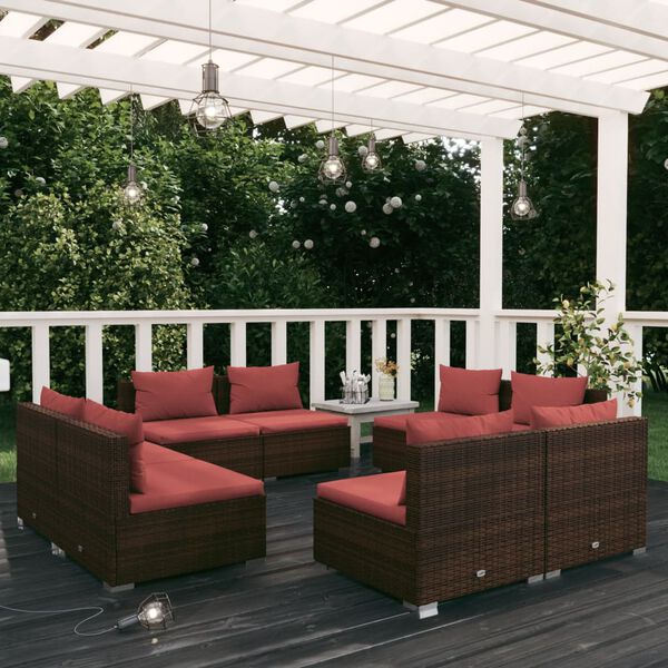 vidaXL 8 pcs conjunto lounge jardim c/ almofad&otilde;es vime PE castanho