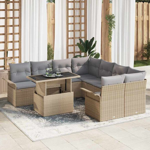 vidaXL Conjunto de Sof&aacute; de Jardim 9 pcs Bege Rattan de Polipropileno