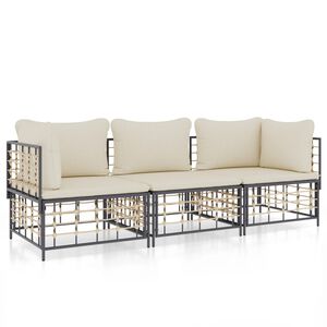 vidaXL 3 pcs conjunto lounge de jardim c/ almofad&otilde;es vime PE antracite