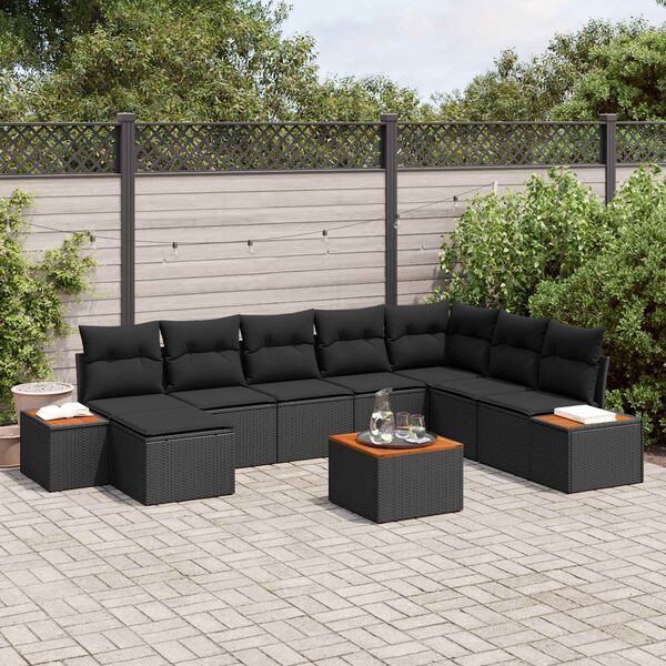 vidaXL Conjunto de Sof&aacute; de Jardim com almofada 9 pcs Preto Polirattan