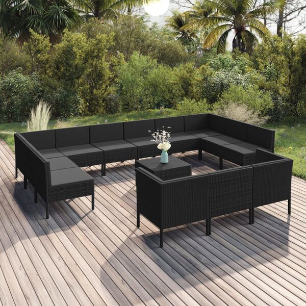 vidaXL 14 pcs conjunto lounge de jardim c/ almofad&otilde;es vime PE preto