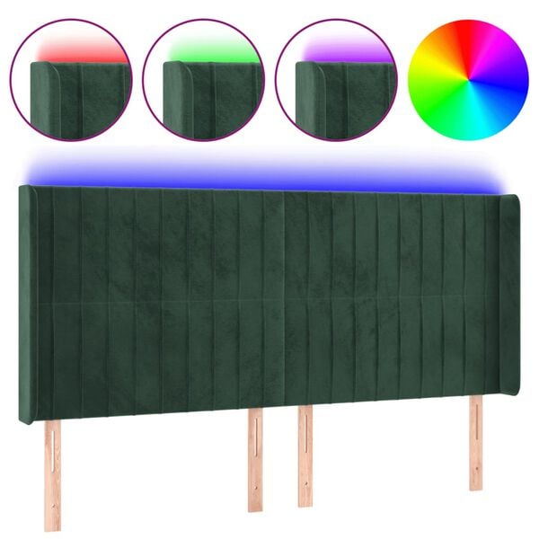 vidaXL Cabeceira de cama c/ LED veludo 203x16x118/128 cm verde-escuro