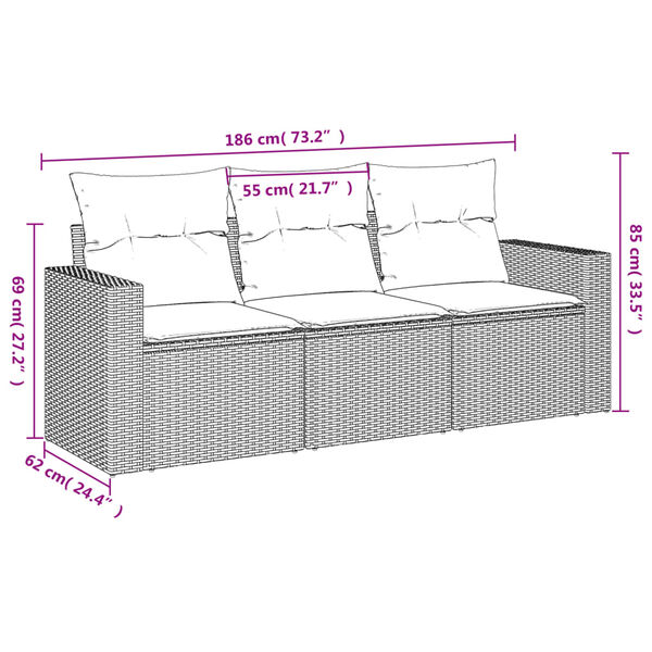 vidaXL 3 pcs conjunto sof&aacute;s de jardim com almofad&otilde;es vime PE preto