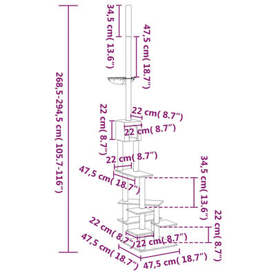 vidaXL Árvore p/ gatos altura ajustável chão-teto 268,5-294,5 cm creme