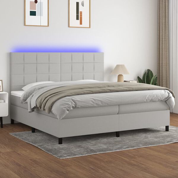 vidaXL Cama box spring c/ colch&atilde;o e LED 200x200 cm tecido cinza-claro