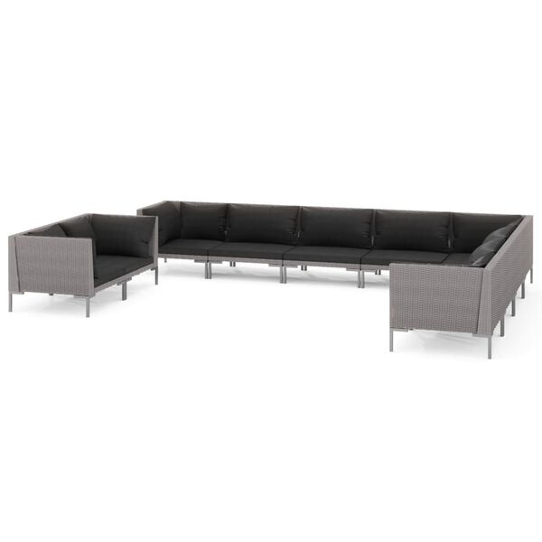vidaXL 10 pcs conj. lounge jardim c/ almofad&otilde;es vime PE cinza-escuro