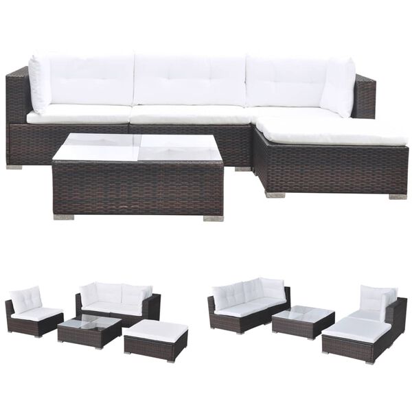 vidaXL 5 pcs conjunto lounge jardim c/ almofad&otilde;es vime PE castanho