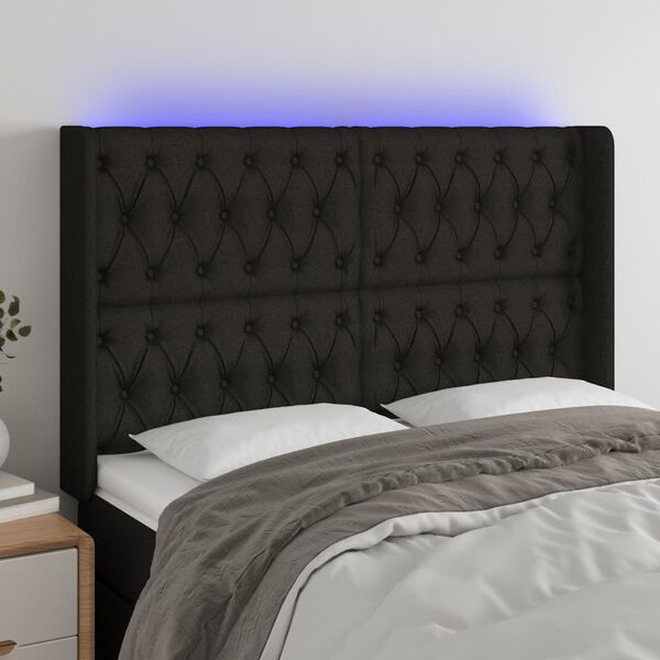 vidaXL Cabeceira de cama c/ luzes LED tecido 163x16x118/128 cm preto
