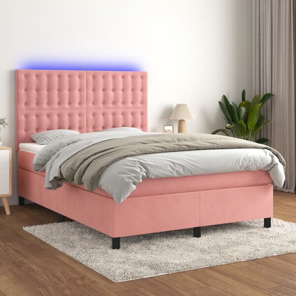 vidaXL Cama box spring c/ colch&atilde;o/LED 140x200 cm veludo rosa