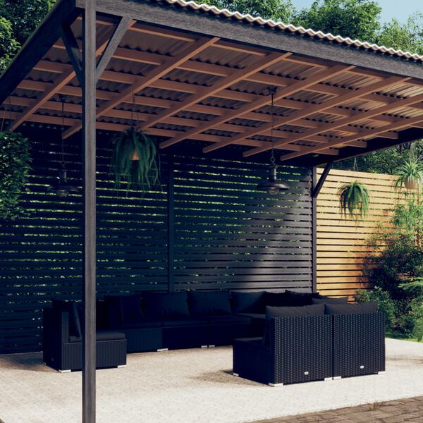 vidaXL 9 pcs conjunto lounge de jardim c/ almofad&otilde;es vime PE preto