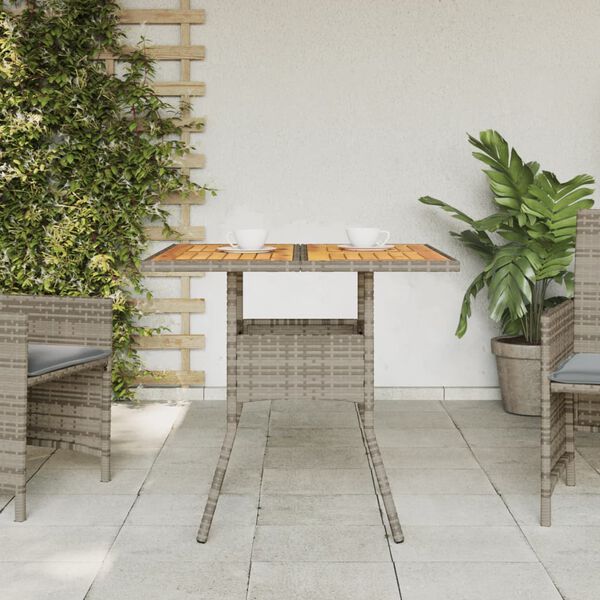 vidaXL Mesa de jardim com tampo em ac&aacute;cia 80x80x75 cm vime PE cinza