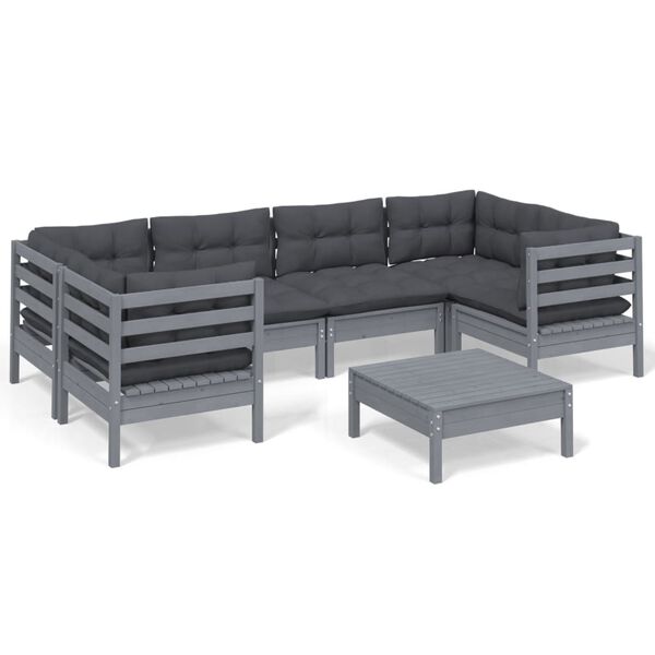 vidaXL 7 pcs conjunto lounge de jardim c/ almofad&otilde;es pinho cinza