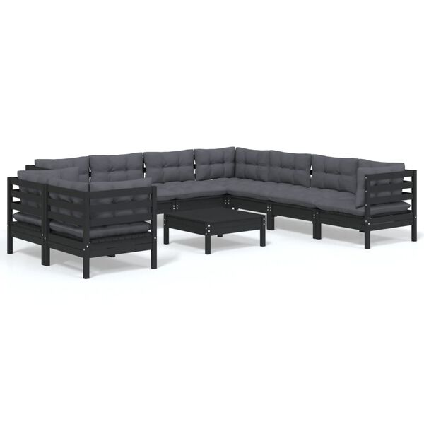 vidaXL 10 pcs conjunto lounge jardim c/ almofad&otilde;es pinho maci&ccedil;o preto