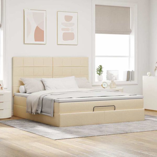 vidaXL Estrutura de cama otomana com colch&atilde;o tecido creme 160x200cm