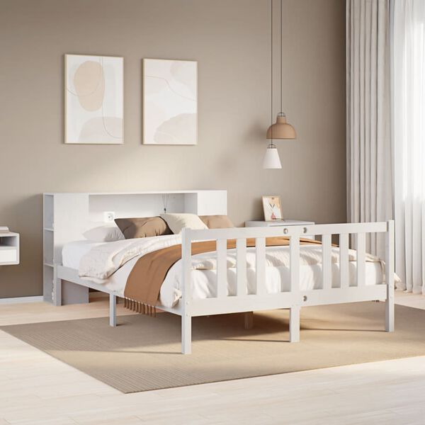vidaXL Cama com estante sem colch&atilde;o 160x200 cm pinho maci&ccedil;o branco