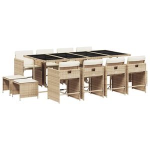 vidaXL 13 pcs conjunto de jantar p/ jardim com almofad&otilde;es vime PE bege