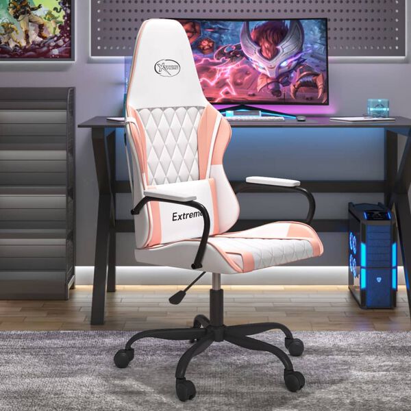 vidaXL Cadeira gaming massagens couro artificial branco e rosa