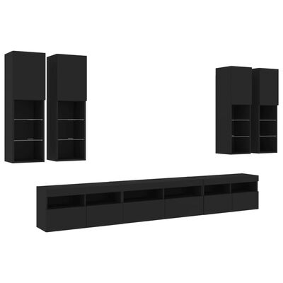 vidaXL 7 pcs conjunto de móveis de parede para TV com luzes LED preto