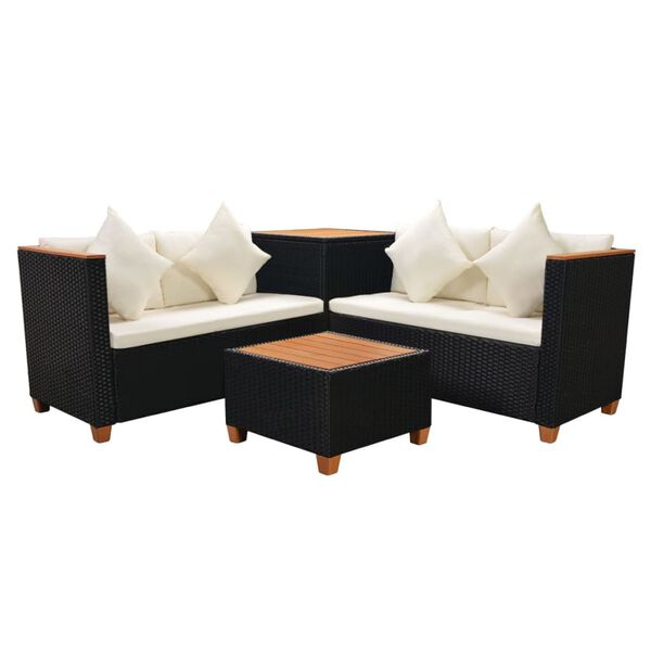 vidaXL 4 pcs conjunto lounge de jardim c/ almofadões vime PE preto