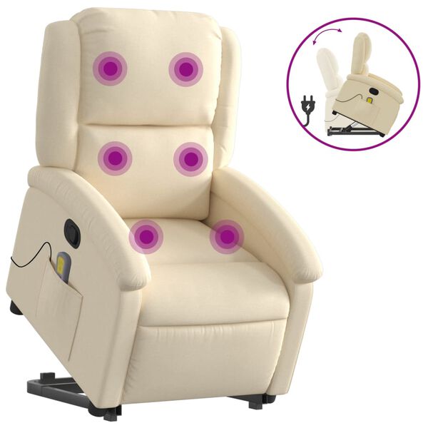 vidaXL Poltrona elevatória de massagens tecido cor creme