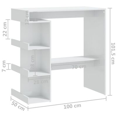 vidaXL Mesa de bar c/ prateleiras 100x50x101,5 cm branco brilhante