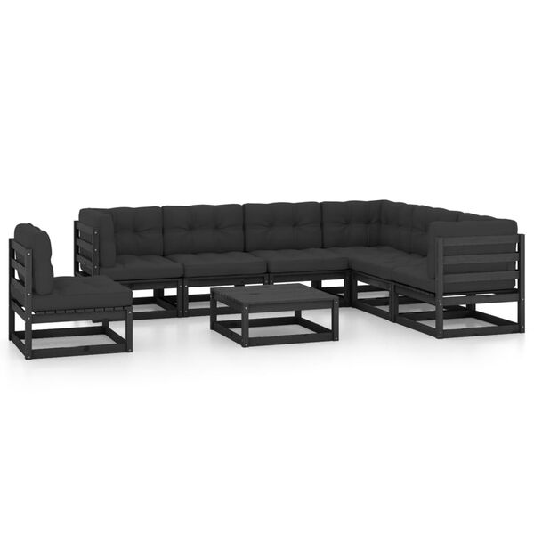 vidaXL 8 pcs conjunto lounge jardim c/ almofad&otilde;es pinho maci&ccedil;o preto