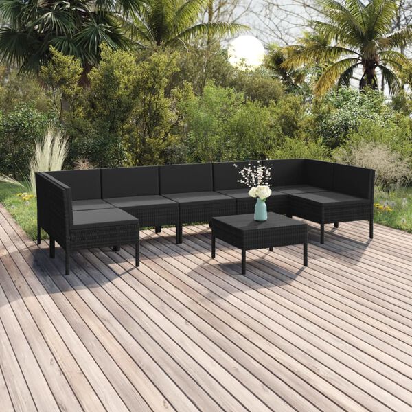 vidaXL 8 pcs conjunto lounge de jardim c/ almofad&otilde;es vime PE preto